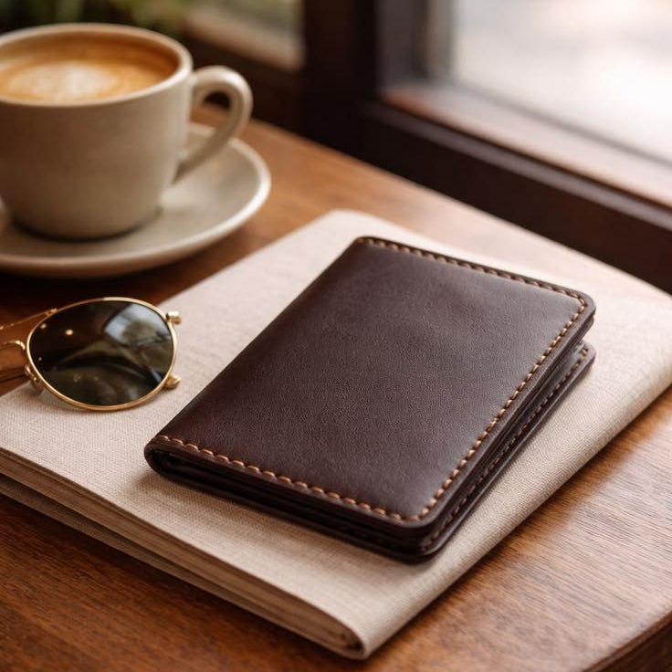 Portefeuille marron en cuir posé sur une table de café