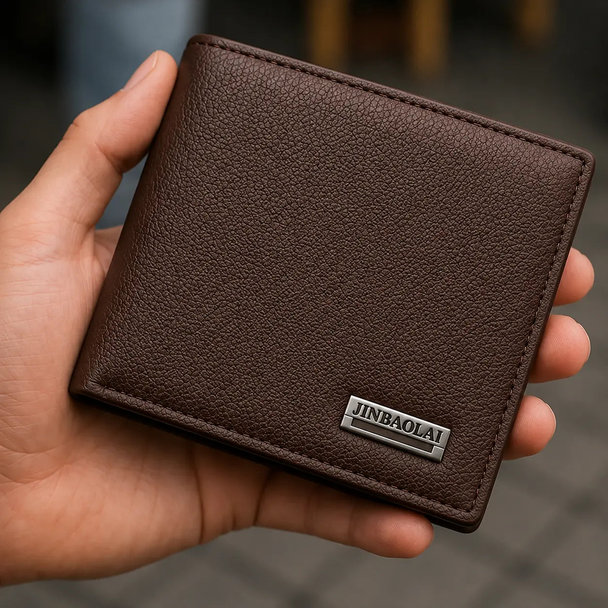 Portefeuille jinbaolai en cuir marron tenu en mains
