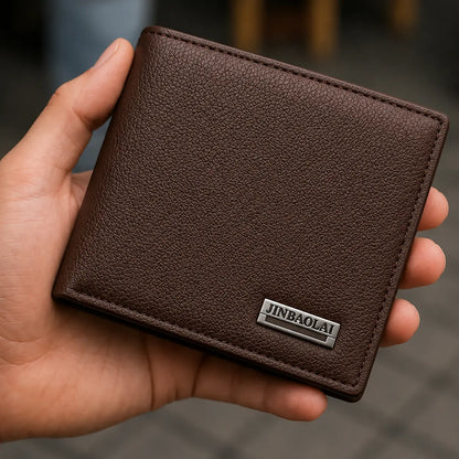 Portefeuille jinbaolai en cuir marron tenu en mains