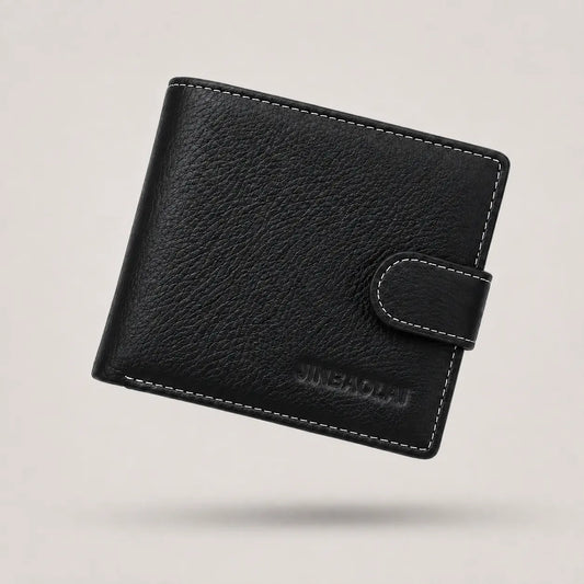 Portefeuille en cuir noir pour homme avec fermeture à bouton de la marque Jinbaolai vendu sur l'Atelier du portefeuille